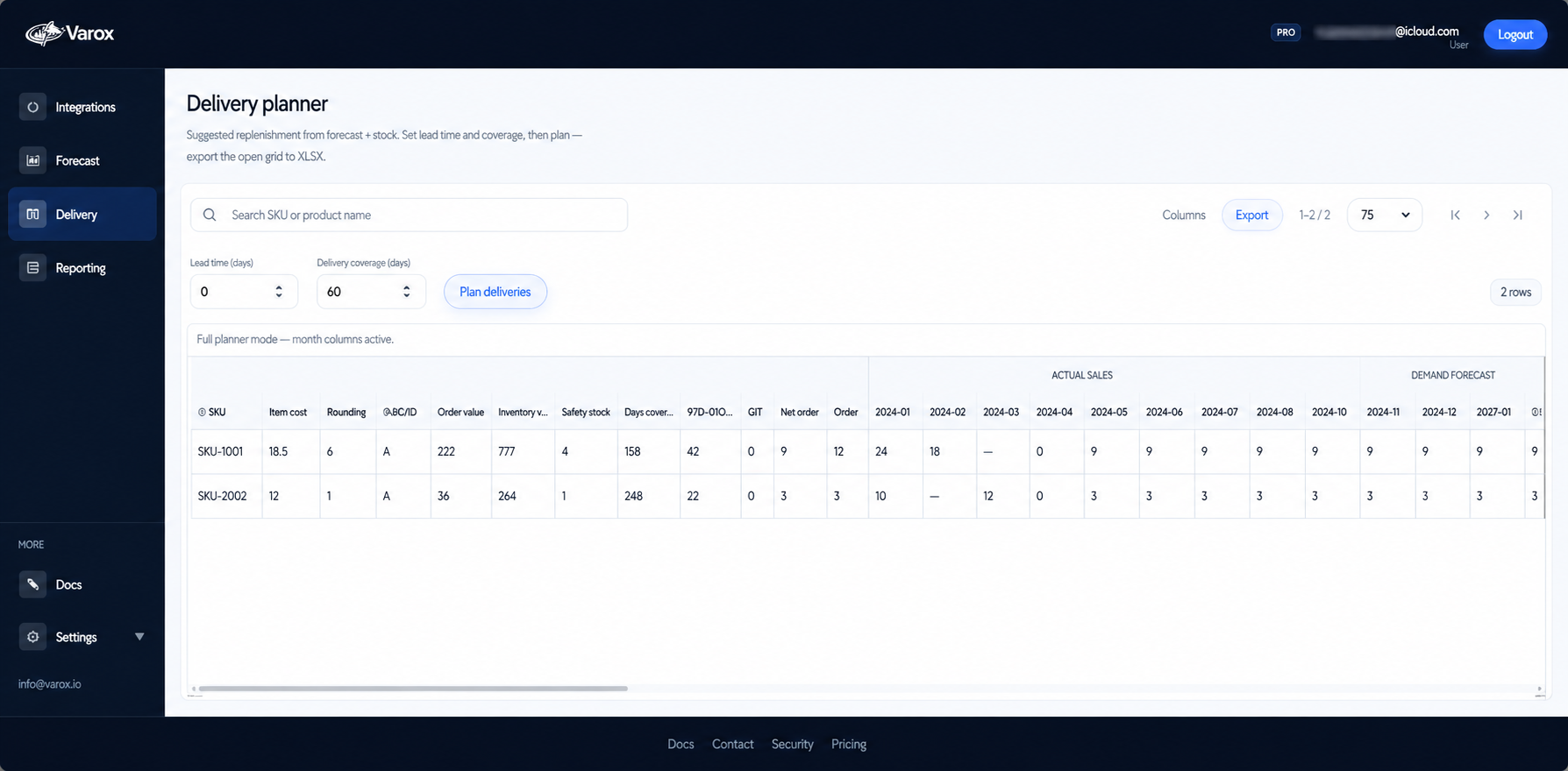 Varox web app: Delivery — delivery planner grid and presets (sidebar: Delivery).