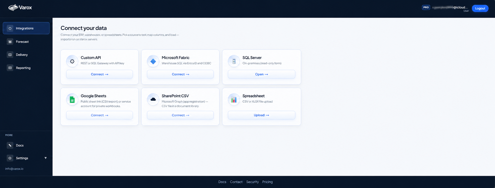 Varox web app: Integrations — connectors, uploads, and datasets.