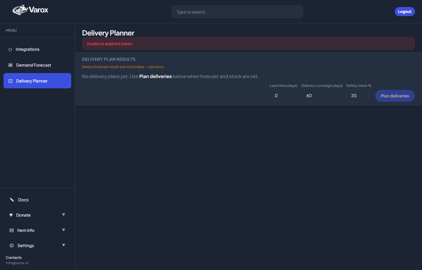 Varox web app: Delivery Planner — planning grid and presets.